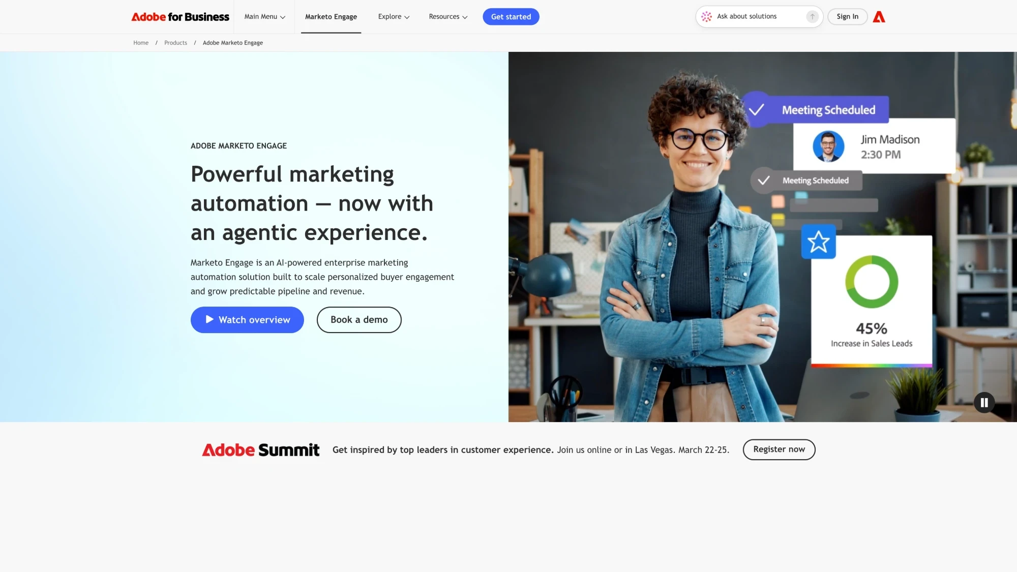 The Adobe Marketo Engage product page: marketing automation, now with an agentic experience