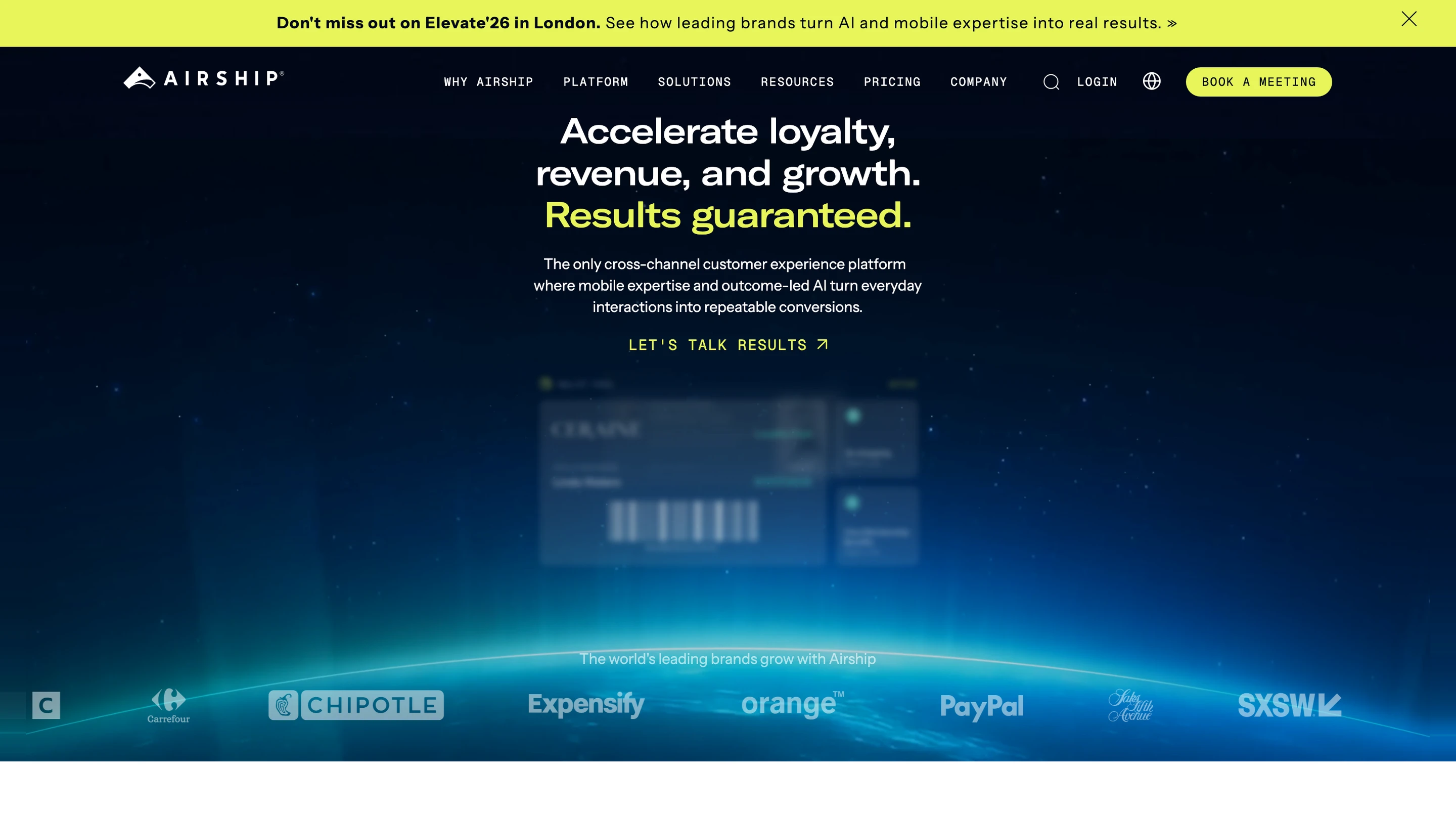 Airship's homepage: a cross-channel customer experience platform to accelerate loyalty, revenue and growth