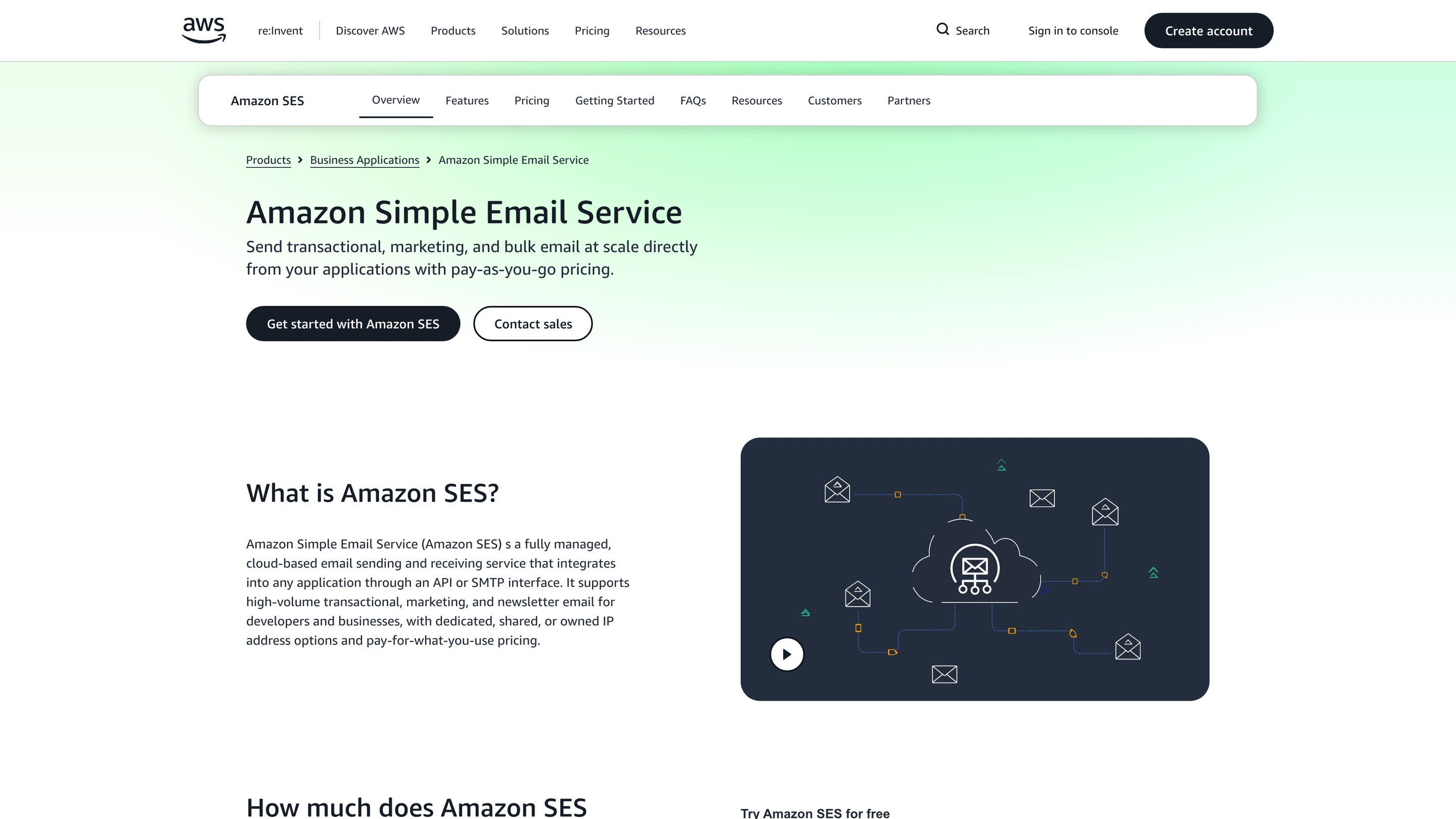 The Amazon SES product page: send transactional, marketing and bulk email at scale from your applications