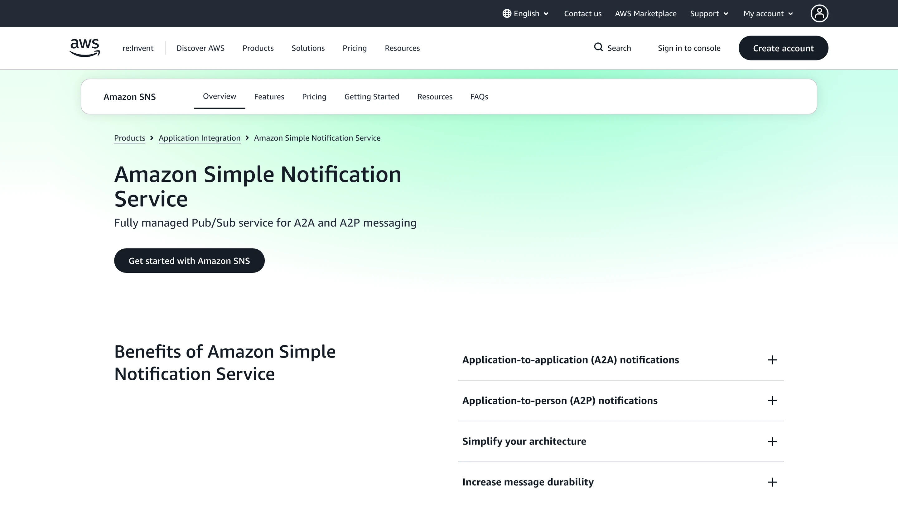 Amazon SNS product page: a fully managed pub/sub service for application-to-application and application-to-person messaging