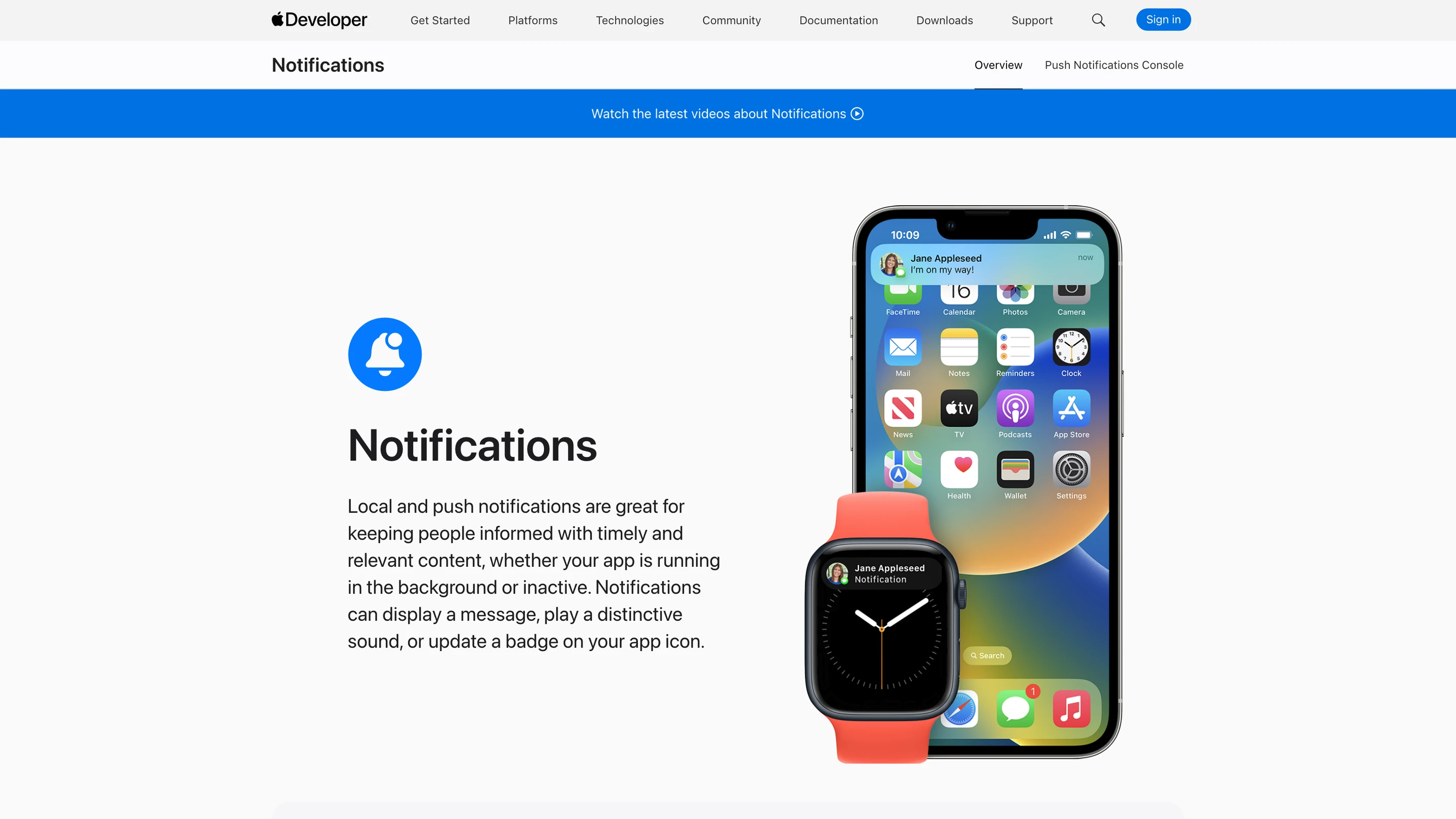 Apple's developer page for Notifications, with a notification on an iPhone lock screen and an Apple Watch