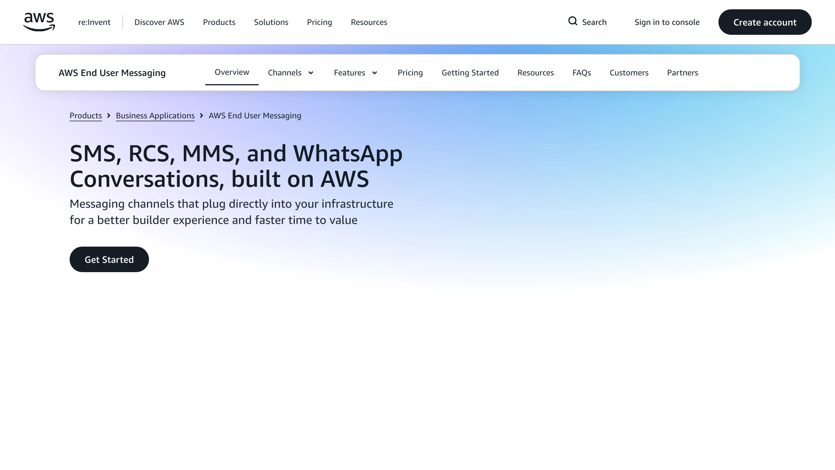 The AWS End User Messaging product page: SMS, RCS, MMS and WhatsApp conversations, built on AWS
