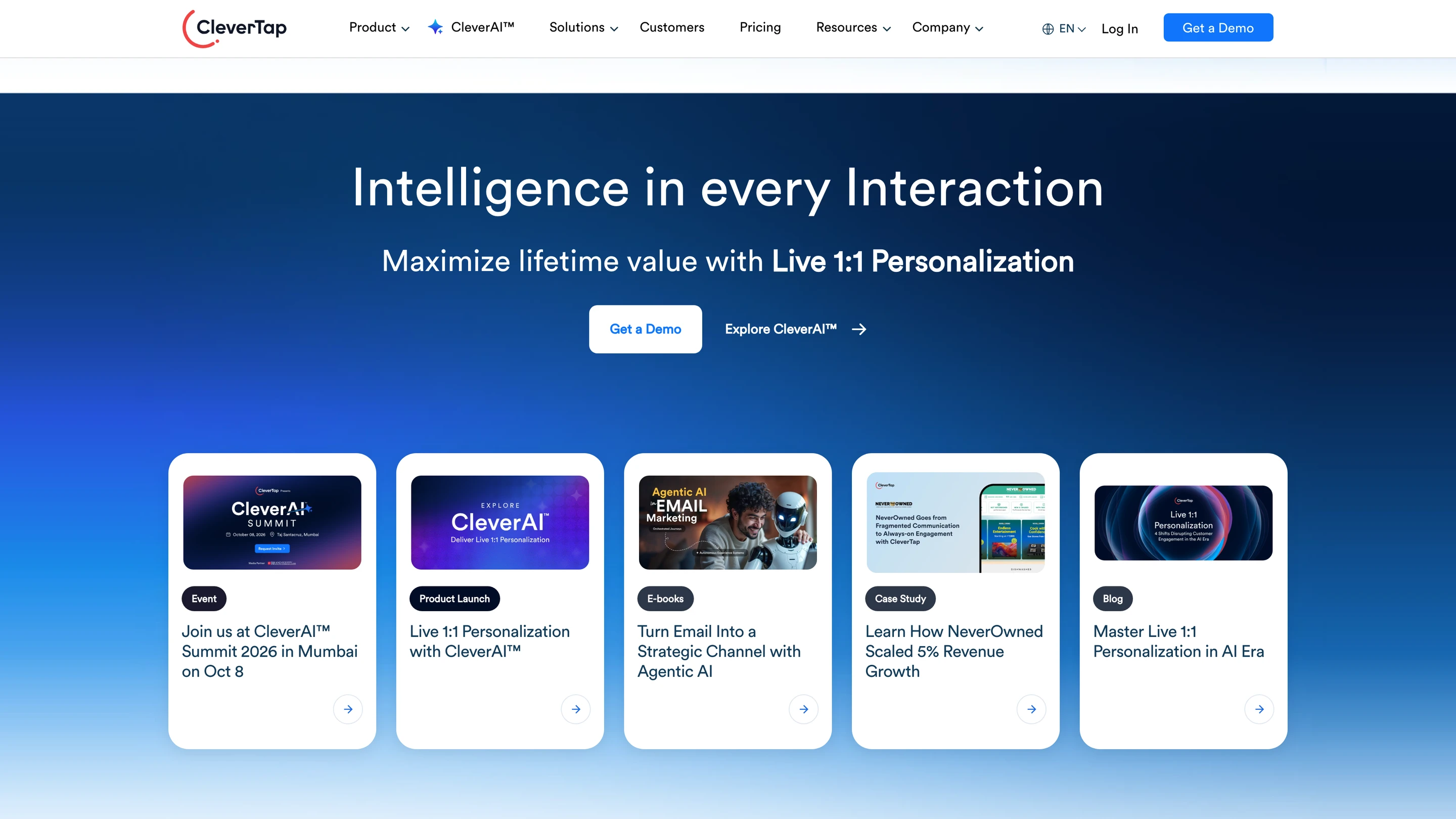 CleverTap's homepage: live 1:1 personalization with CleverAI, and cards for events, product launches and case studies