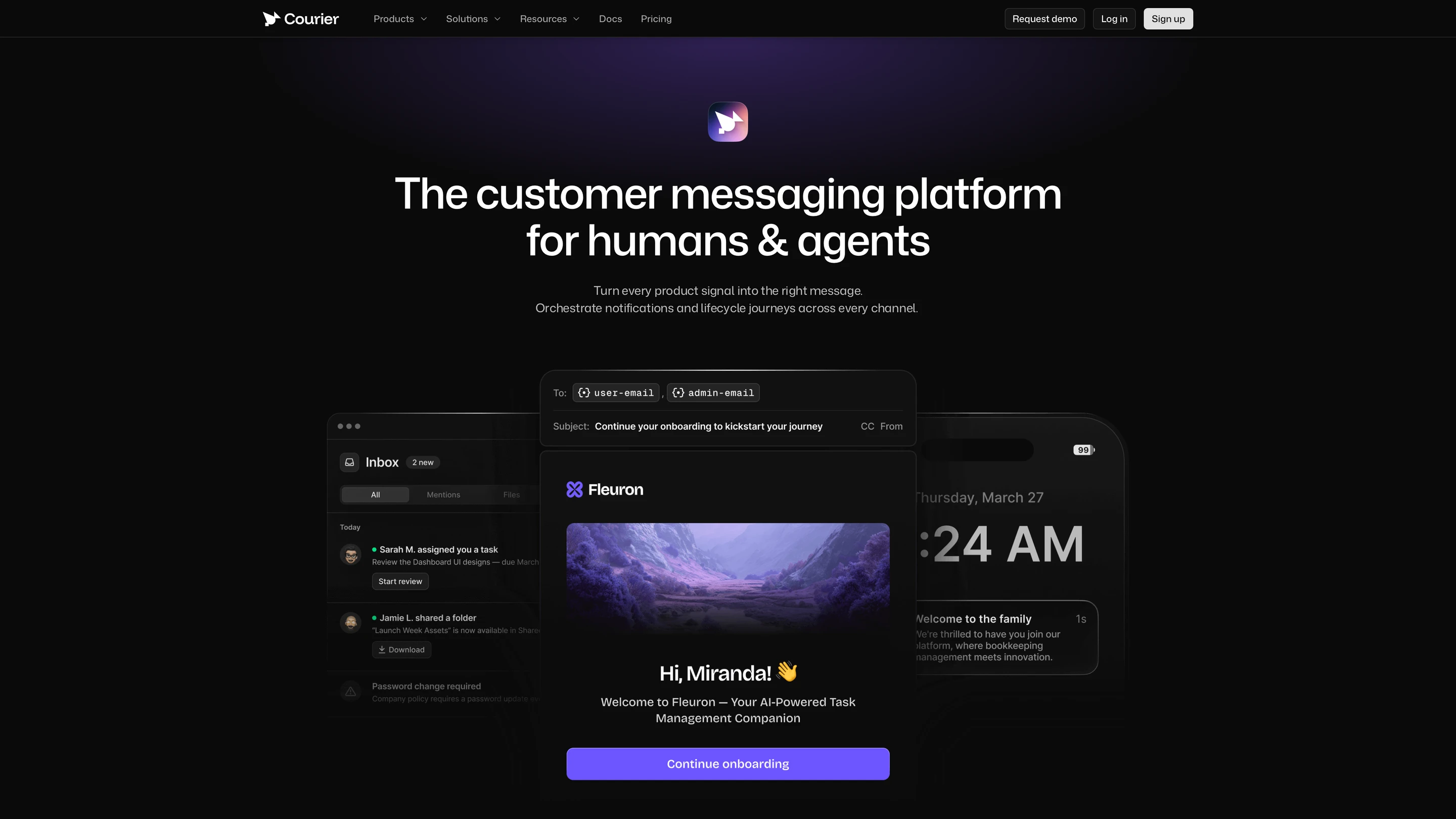Courier's homepage, showing one message delivered to an in-app inbox, an email and a mobile push notification