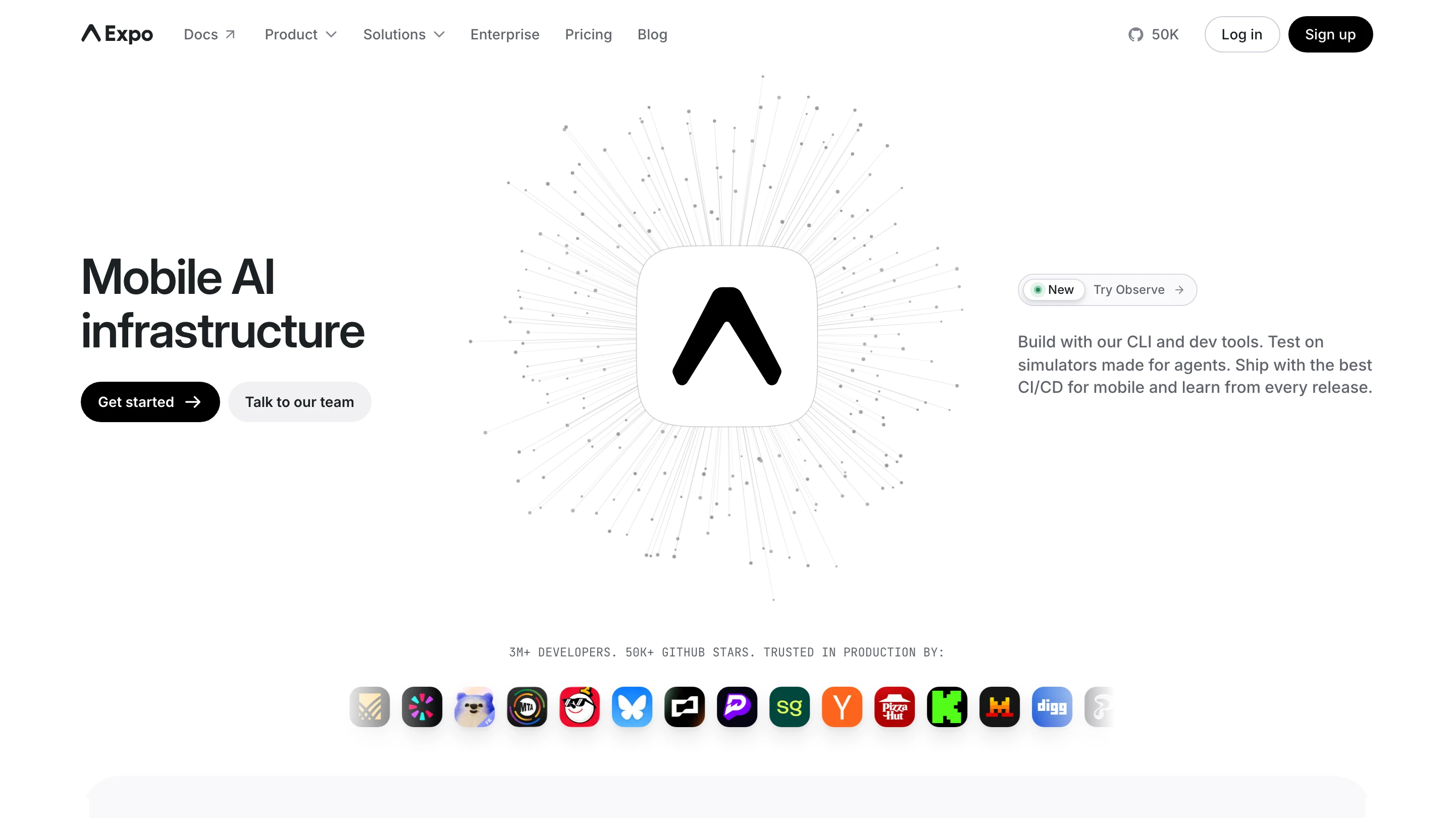 Expo's homepage: mobile app infrastructure, with a CLI and dev tools for building and shipping apps