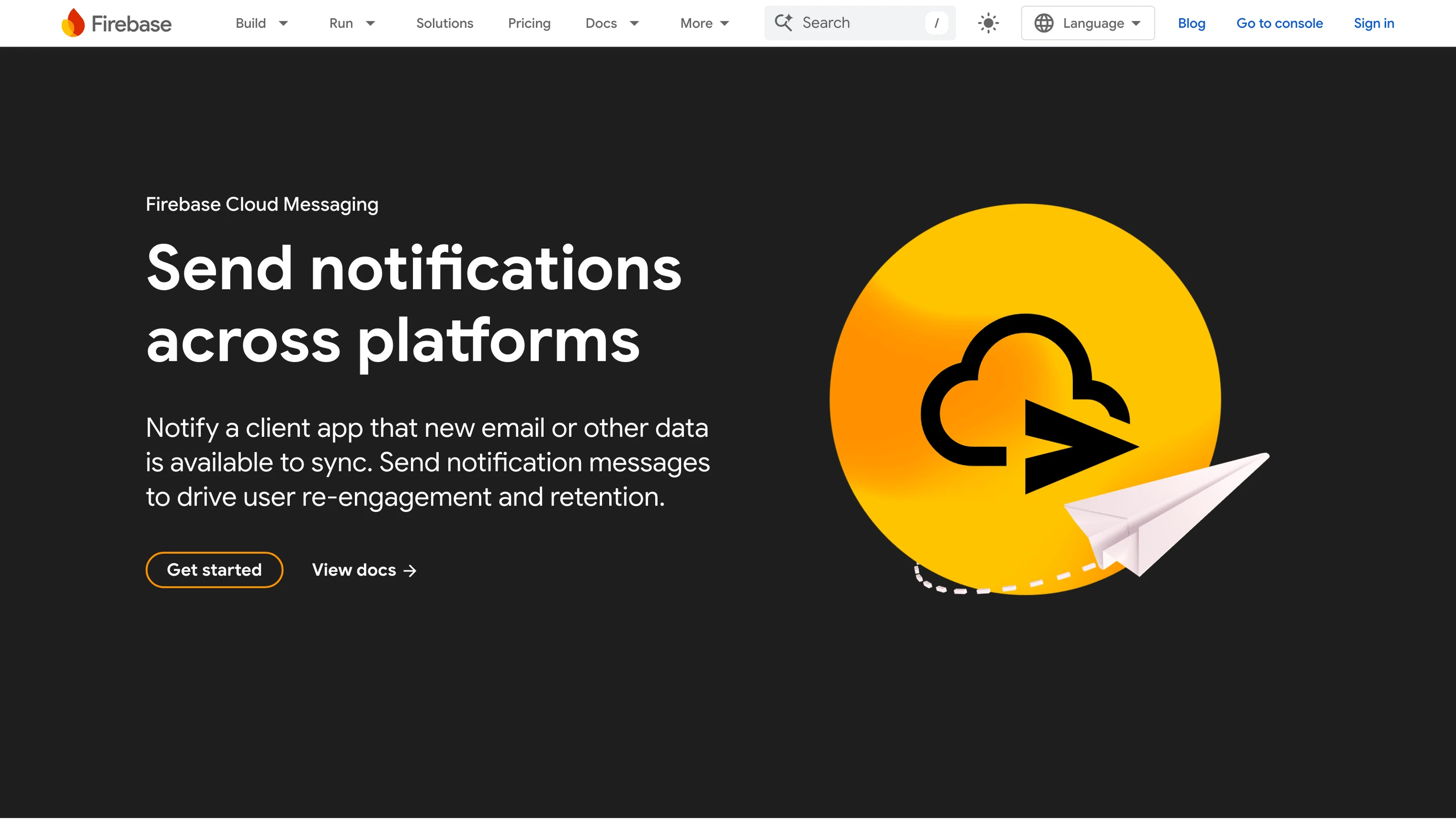 The Firebase Cloud Messaging product page: send notifications across platforms to drive re-engagement and retention