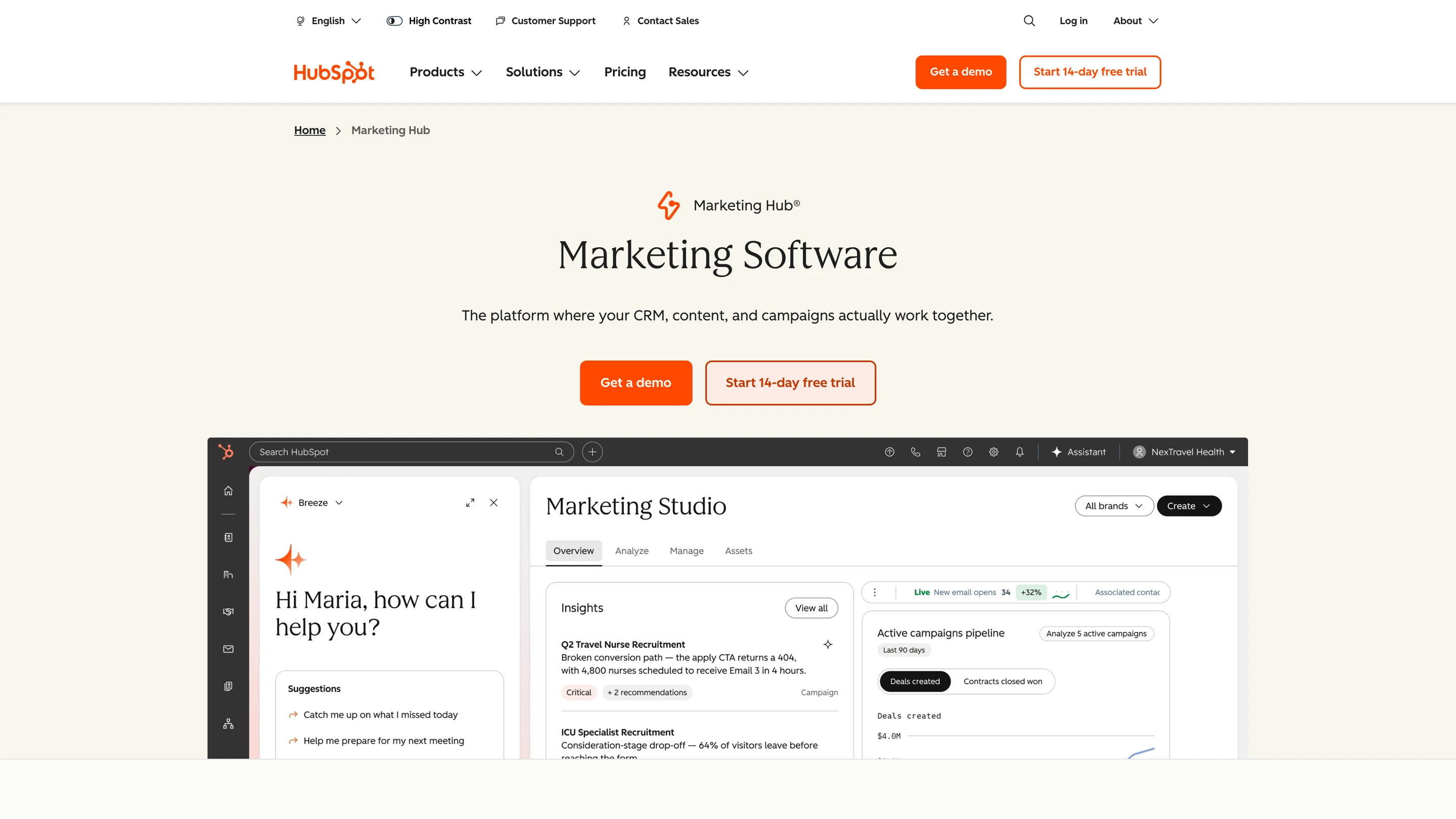 The HubSpot Marketing Hub page: marketing software for CRM, content and campaigns, with the Marketing Studio dashboard