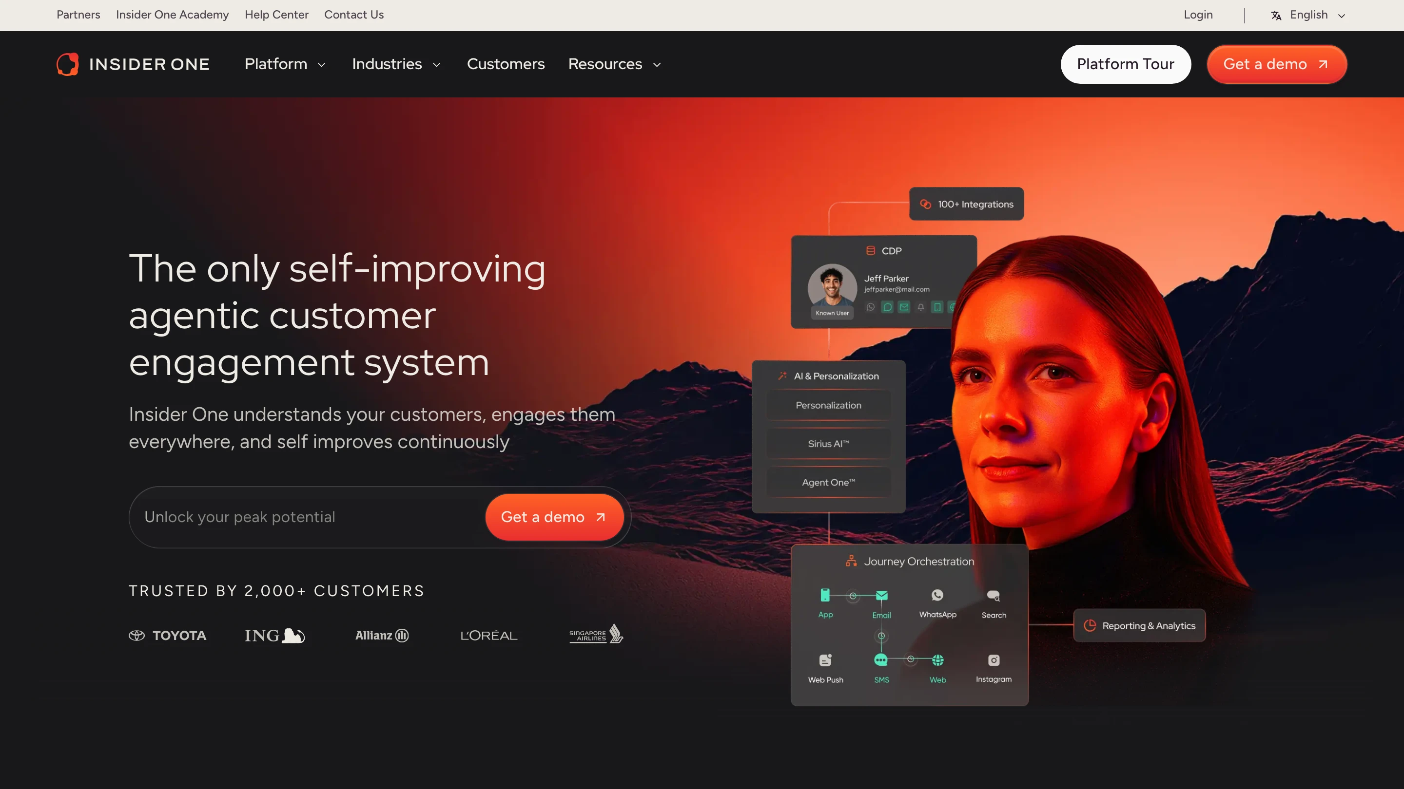 Insider One's homepage: an agentic customer engagement system, with its CDP, AI personalization and journey orchestration across app, email, WhatsApp, SMS and web
