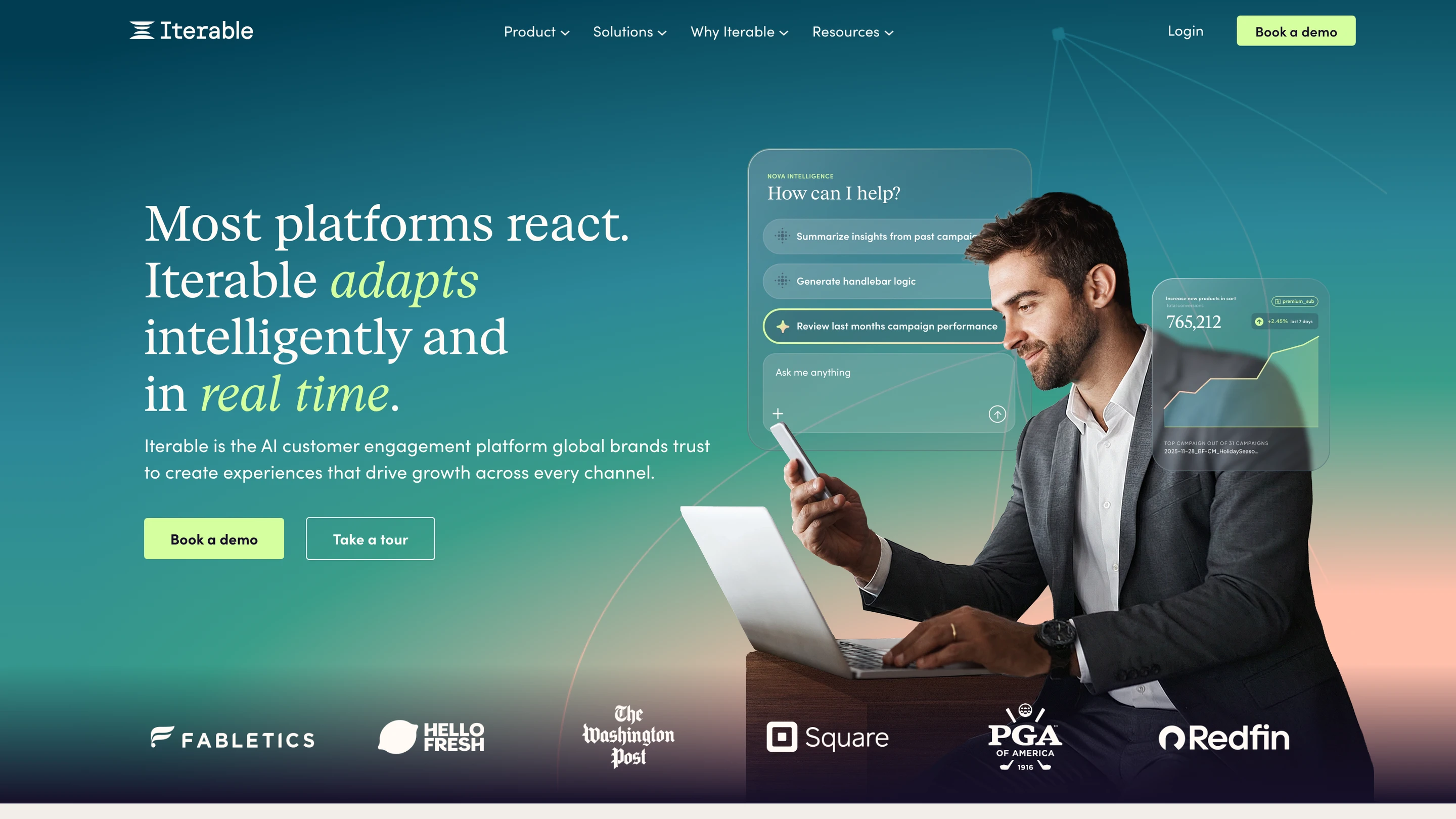 Iterable's homepage: an AI customer engagement platform, with its assistant and campaign performance