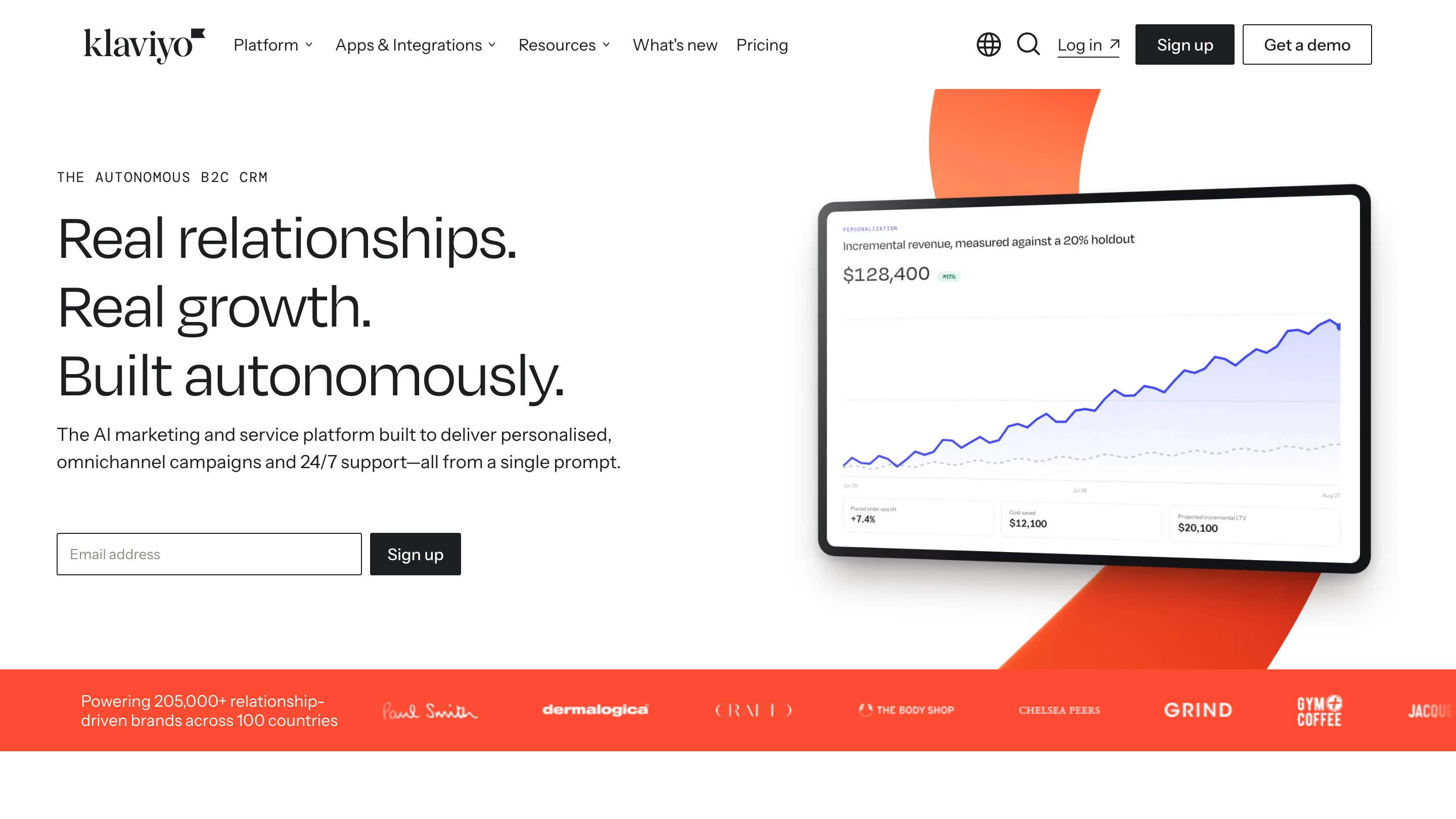 Klaviyo's homepage: an autonomous B2C CRM, with an incremental revenue chart