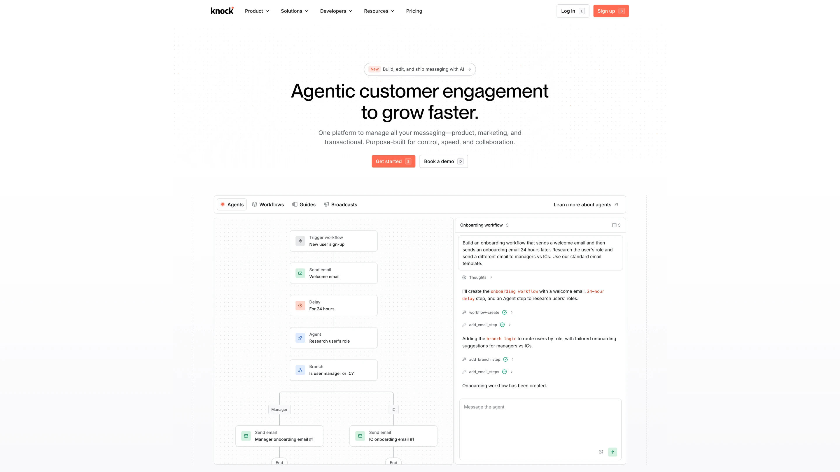 Knock's homepage, with its agent building an onboarding workflow: a trigger, welcome email, 24-hour delay, agent step and a branch for managers and ICs