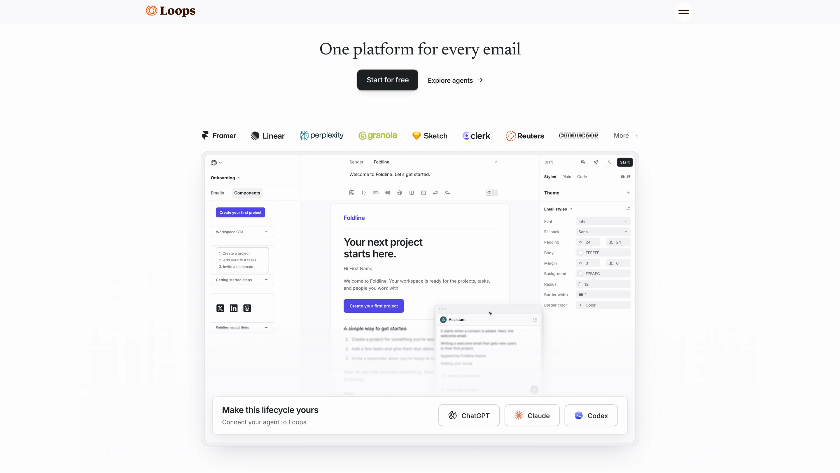 Loops' homepage: one platform for every email, with its email editor and agent connections to ChatGPT, Claude and Codex