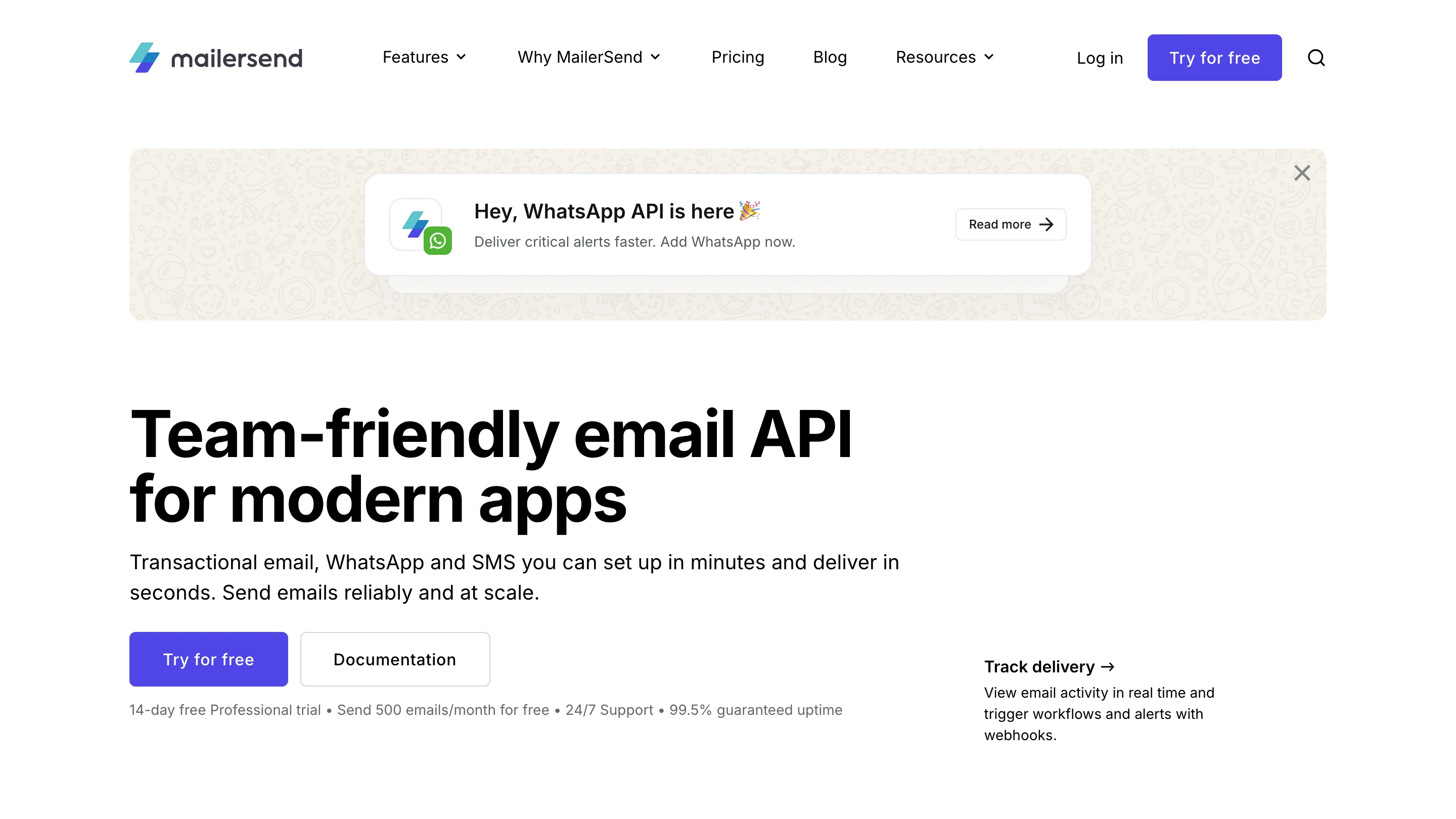 MailerSend's homepage: a team-friendly email API for transactional email, WhatsApp and SMS