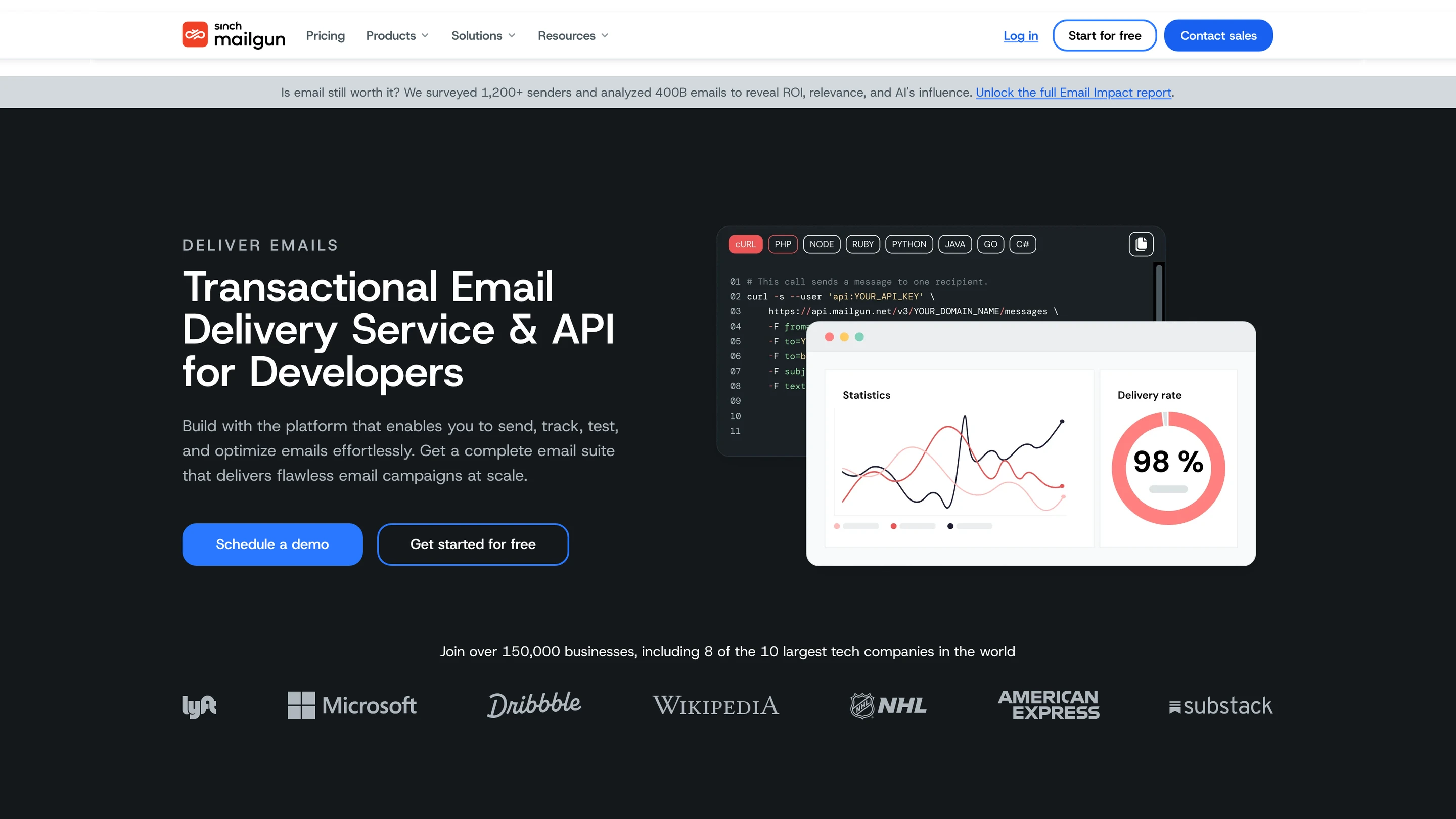 Mailgun's homepage: a transactional email delivery service and API, with a code sample and delivery-rate statistics