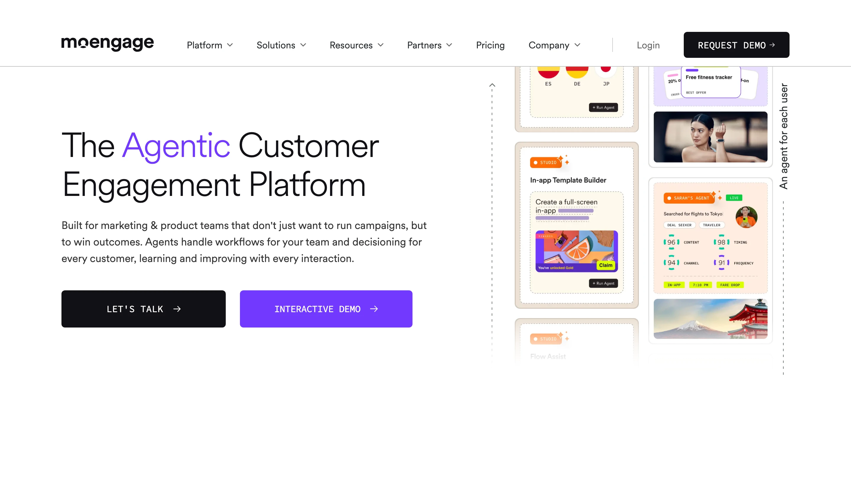 MoEngage's homepage: an agentic customer engagement platform, with agent cards for in-app templates and per-user decisioning