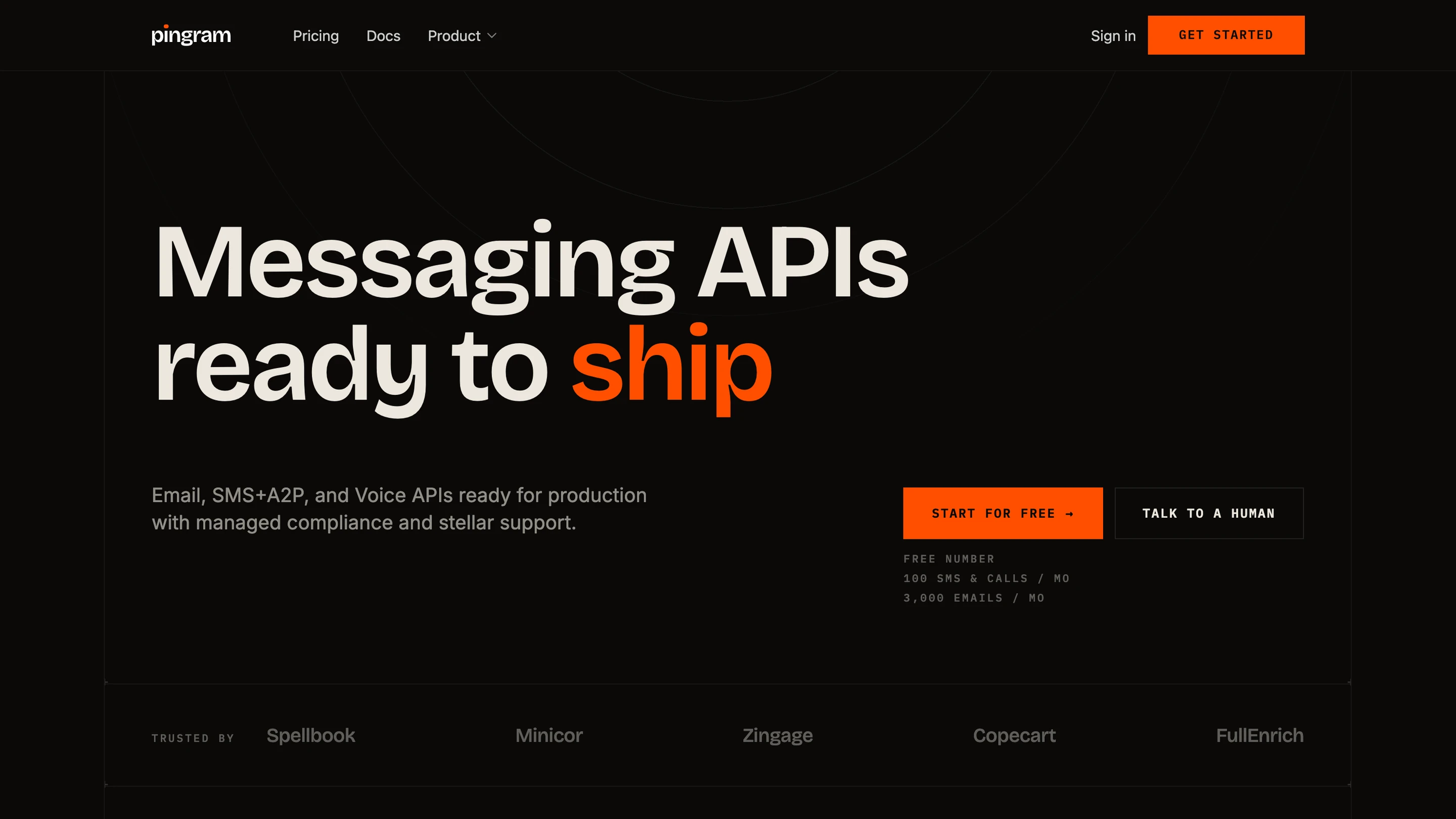 Pingram's homepage: email, SMS with A2P registration, and voice APIs, with 3,000 emails and 100 SMS a month free