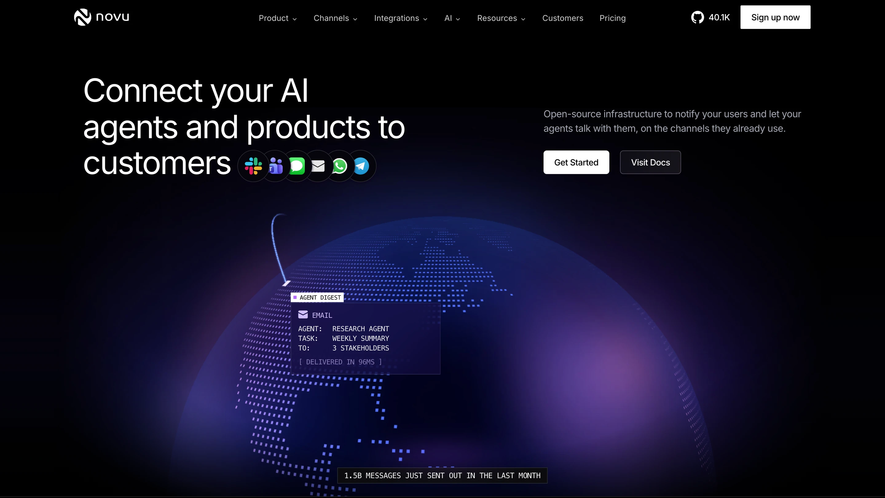 Novu's homepage: open-source notification infrastructure for products and AI agents, with Slack, Teams, SMS, email, WhatsApp and Telegram channels