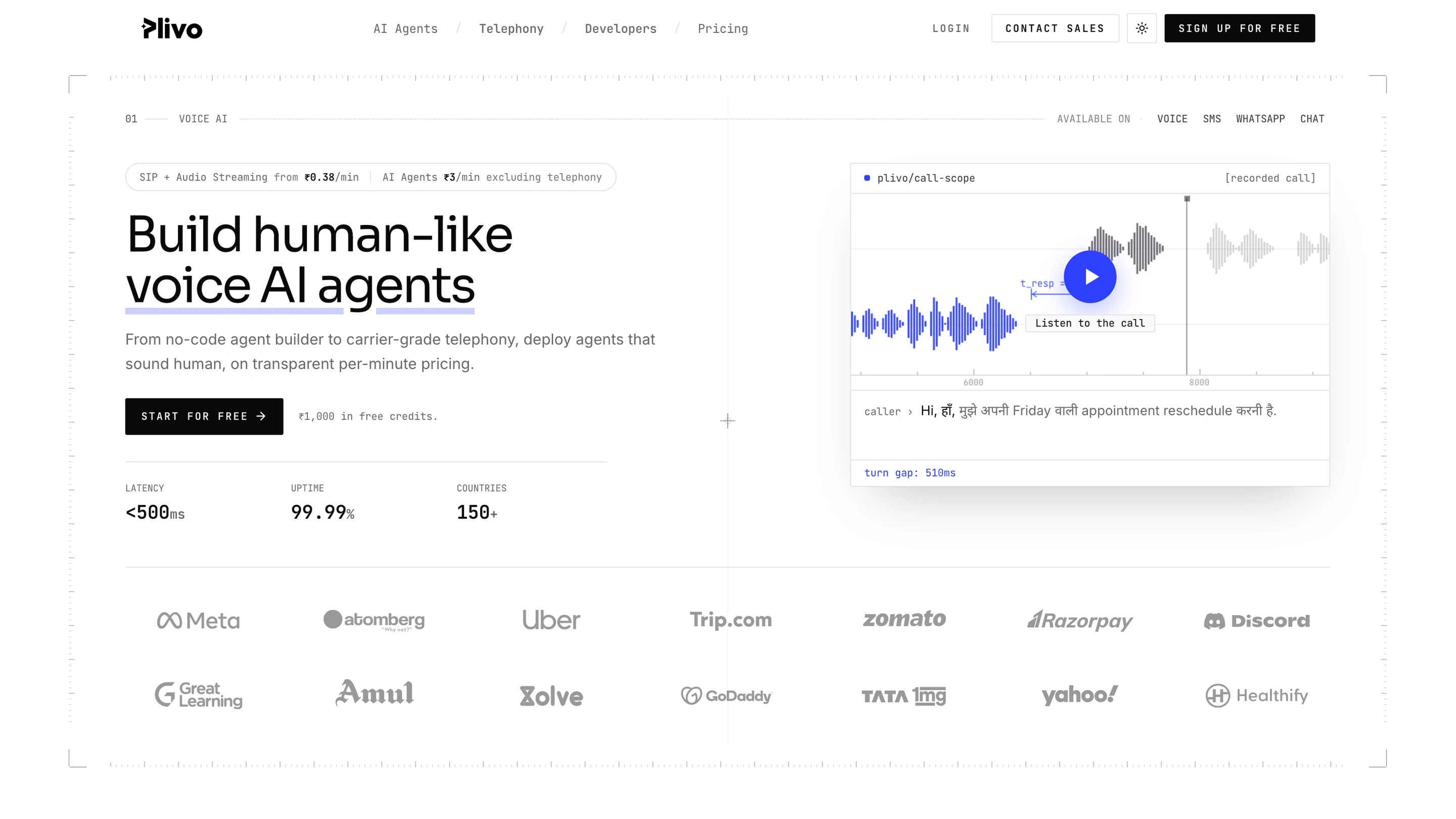Plivo's homepage: build human-like voice AI agents, with a recorded call waveform