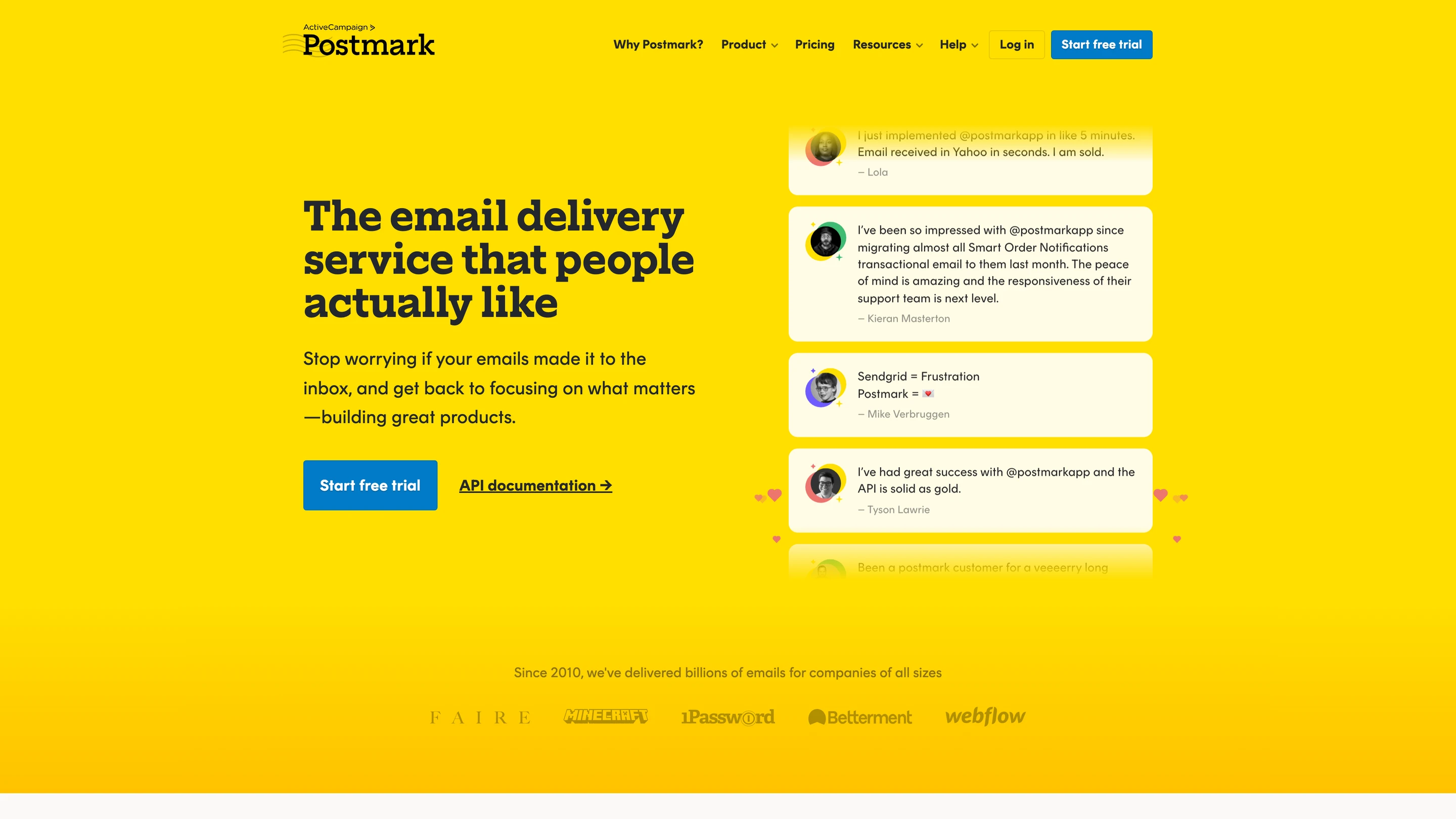 Postmark's homepage: the email delivery service people actually like, with customer quotes