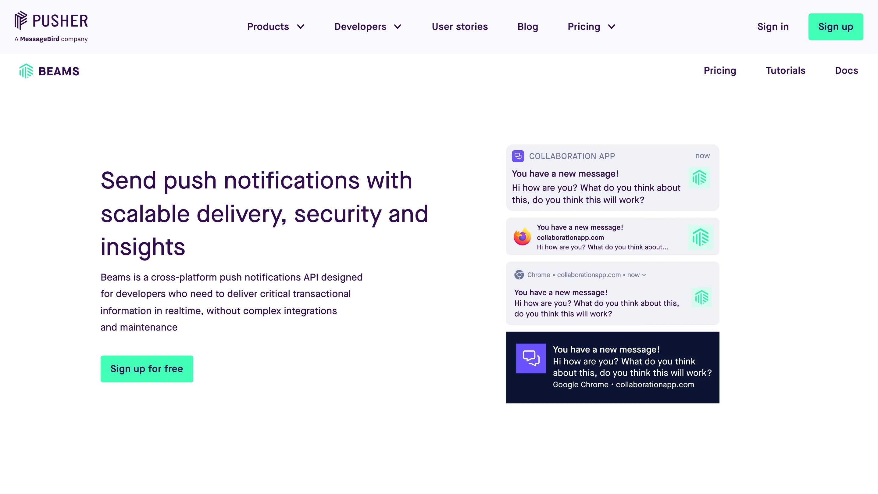 The Pusher Beams page: a cross-platform push notifications API, with example browser and mobile notifications