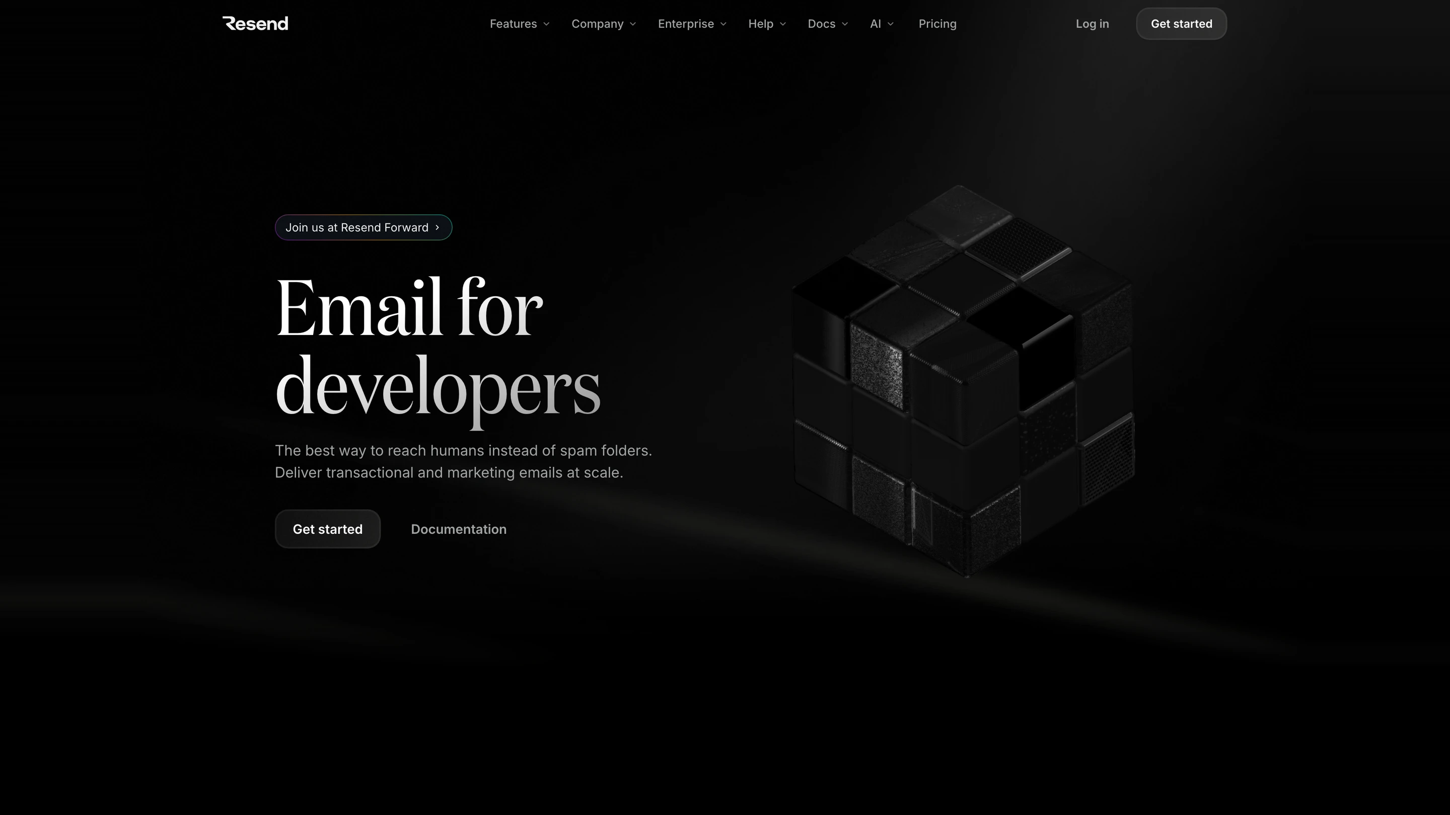 Resend's homepage: email for developers, for transactional and marketing email at scale