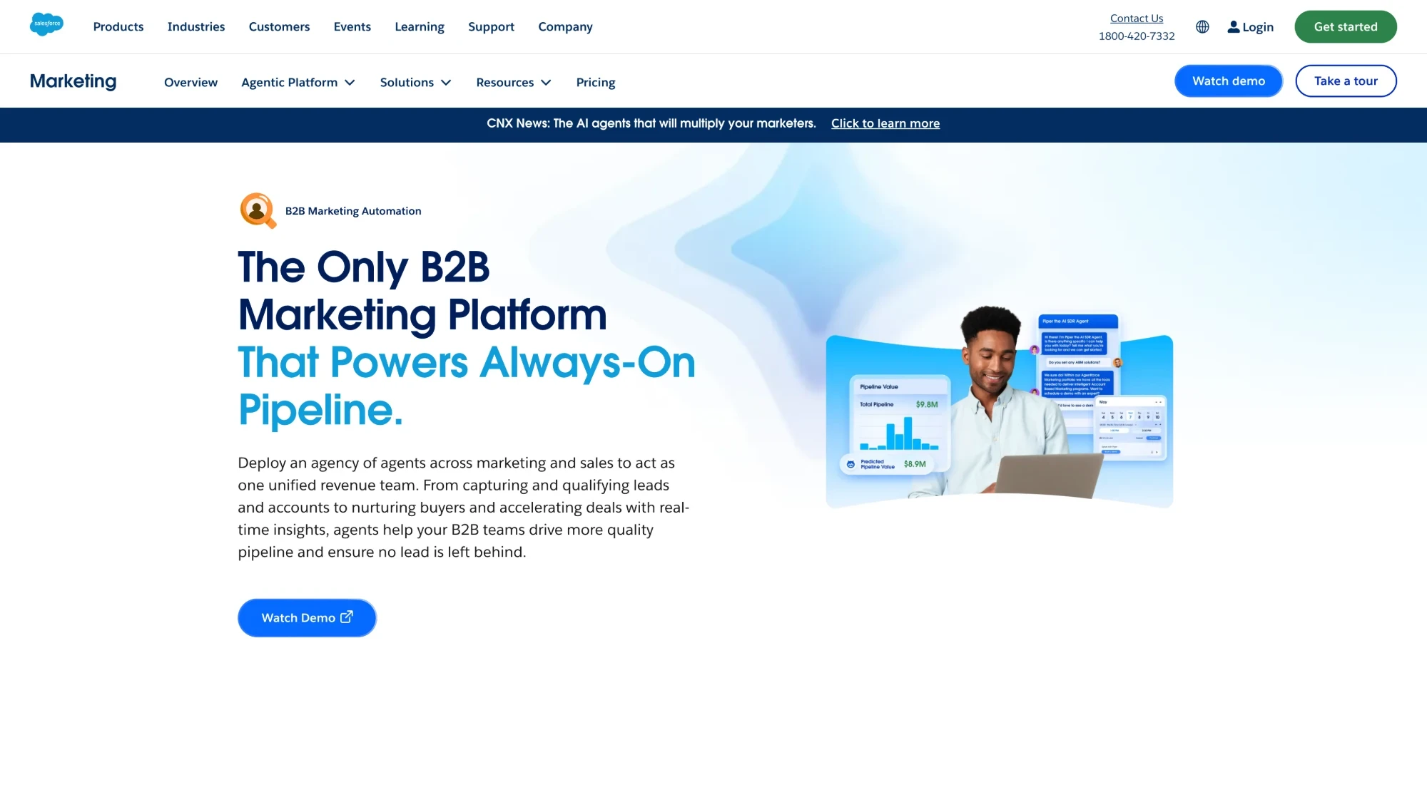The Salesforce Marketing Cloud Account Engagement page: a B2B marketing platform with AI agents and pipeline analytics