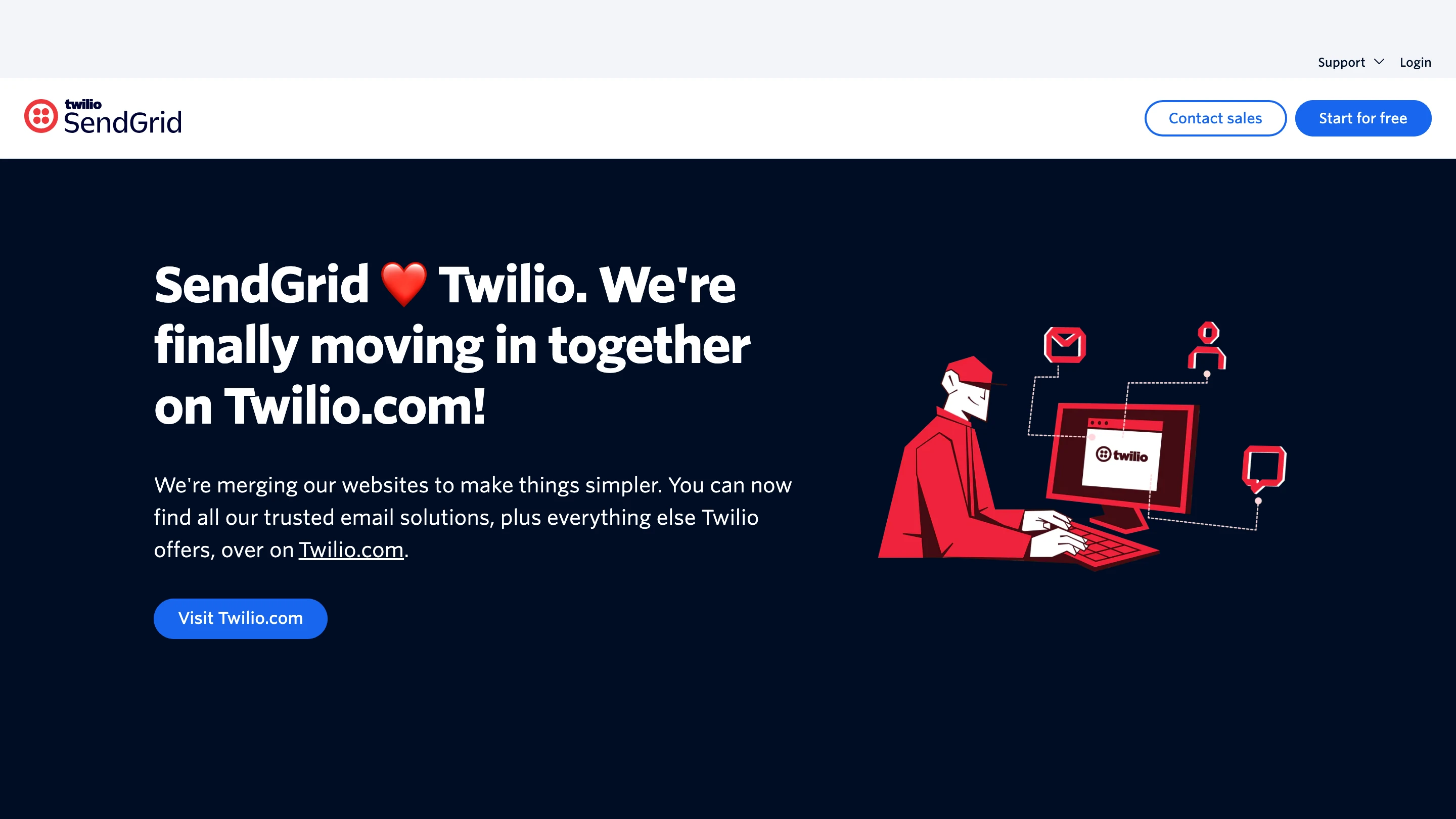 SendGrid's site, announcing that SendGrid's email products are moving onto Twilio.com