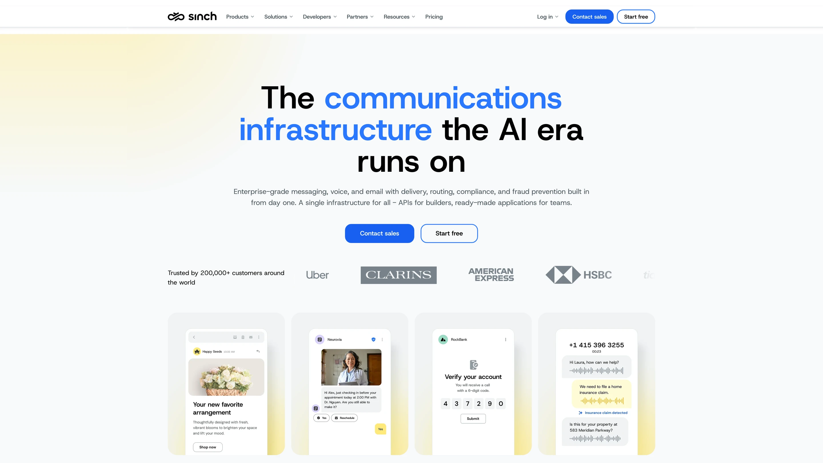 Sinch's homepage: communications infrastructure for messaging, voice and email, with example mobile messages