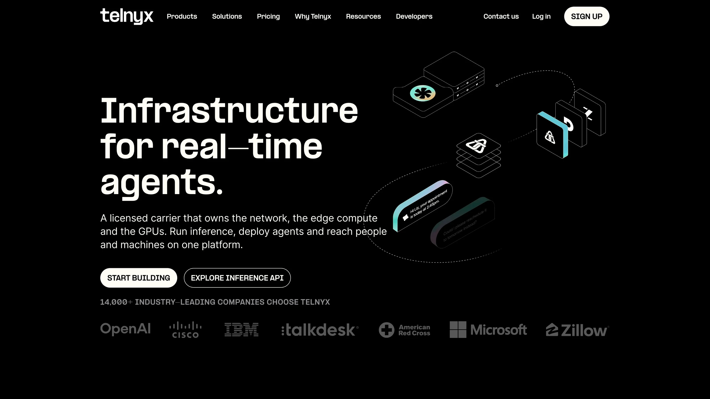 Telnyx's homepage: a licensed carrier and edge compute platform for real-time agents