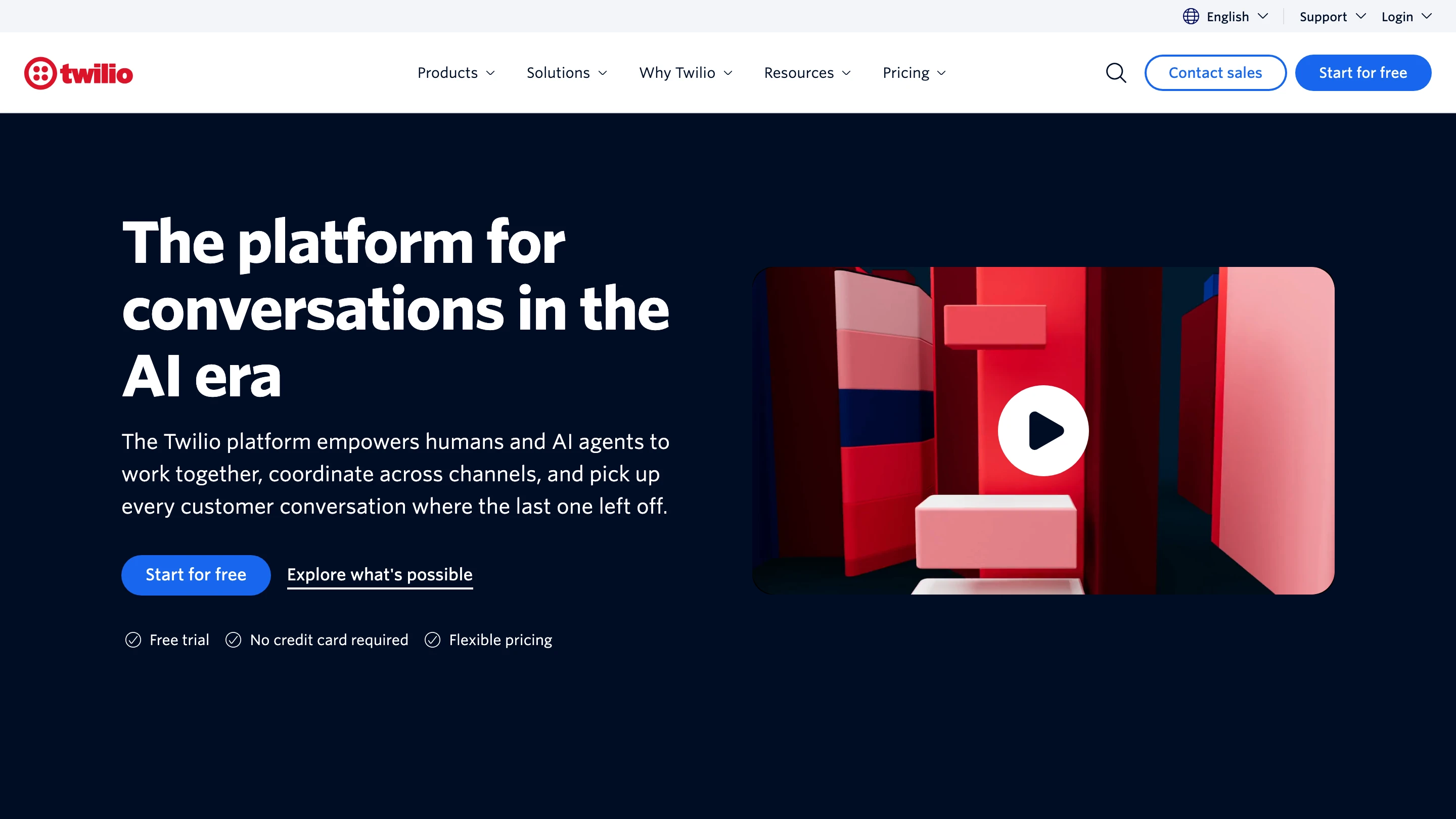 Twilio's homepage: a platform for customer conversations across channels, for humans and AI agents