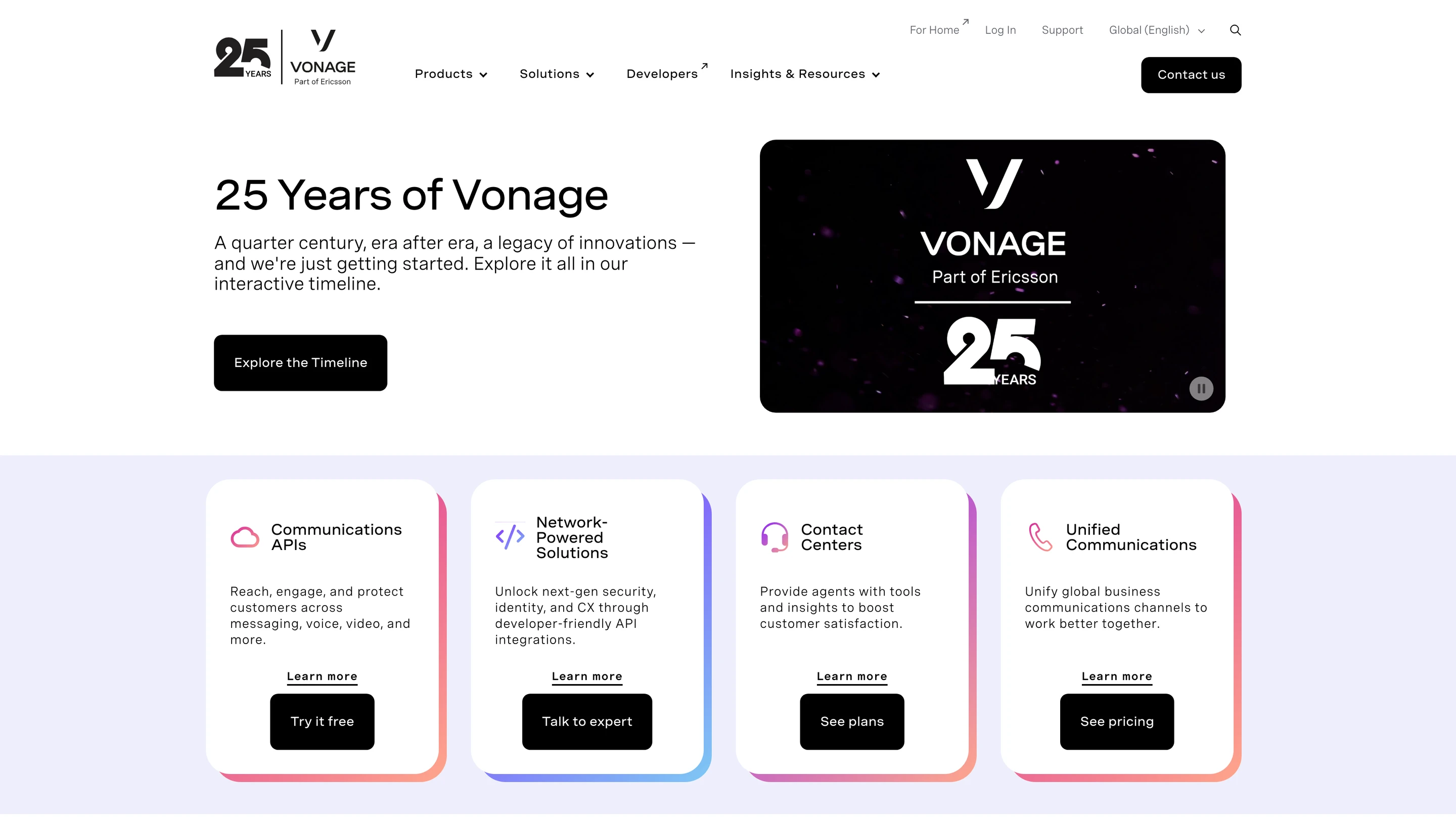 Vonage's homepage: 25 years of Vonage, with communications APIs, contact centre and unified communications