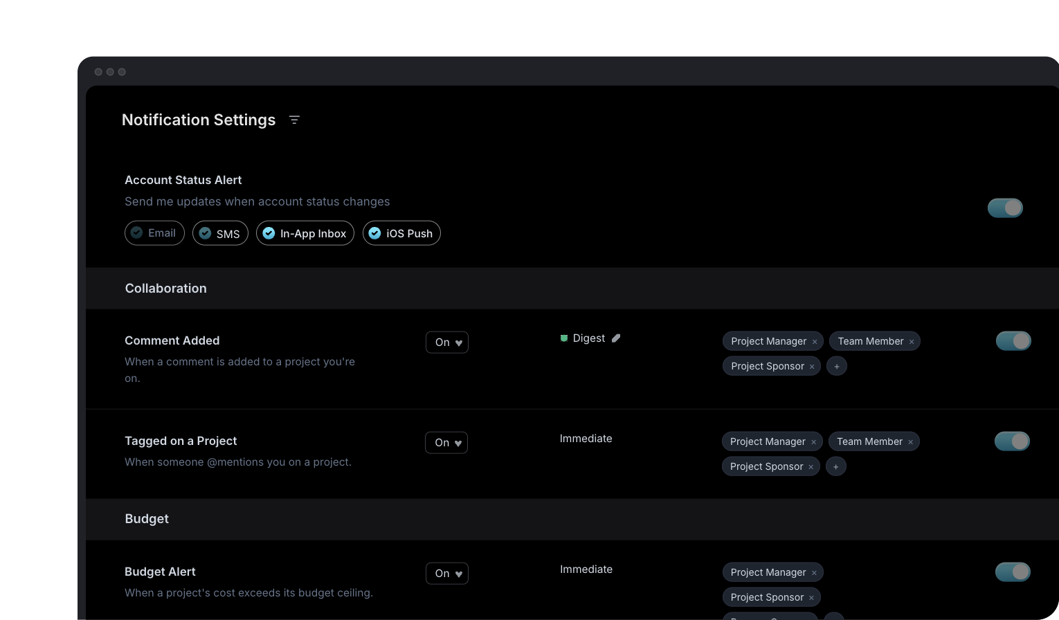 Notification Settings UI showing per-category channel toggles and digest schedule