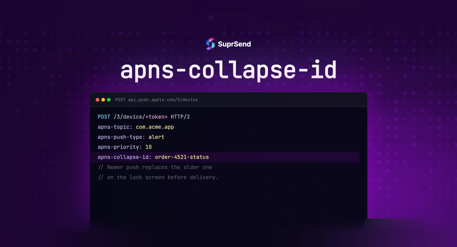 Diagram showing apns-collapse-id replacing an older iOS push notification with a newer one at the APNs gateway