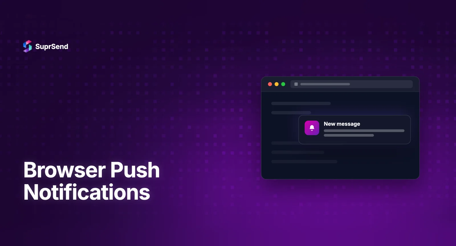 Browser push notification flow showing service worker, push service, and a desktop browser notification