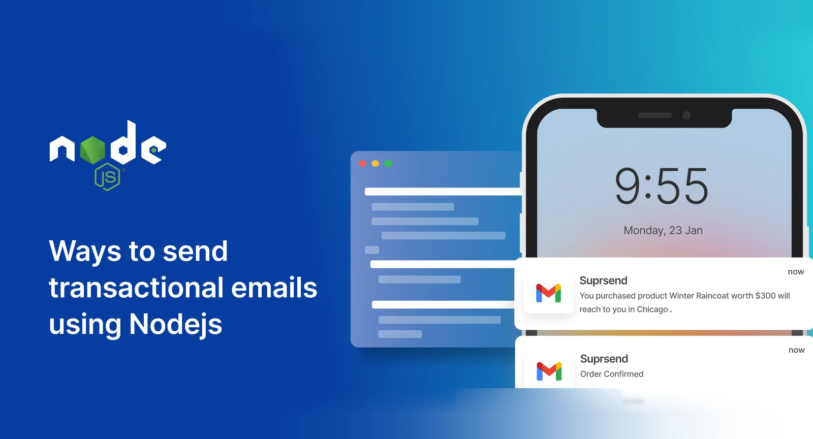 Learn to send transactional emails in Node.js using Nodemailer, Gmail API, SendGrid API, and SuprSend. Step-by-step guides and code examples included.
