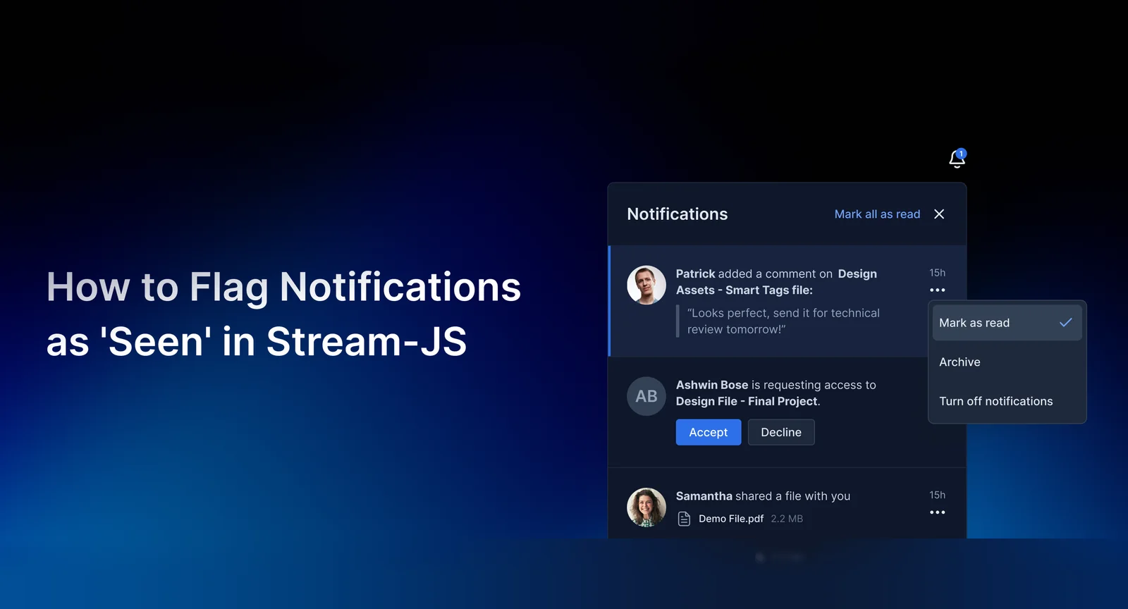 Mark notifications as 'seen' without reading them in the in-app inbox notification feed in Stream.js. Follow these codes to mark your push notifications as seen when the users see them out of app inboxes.