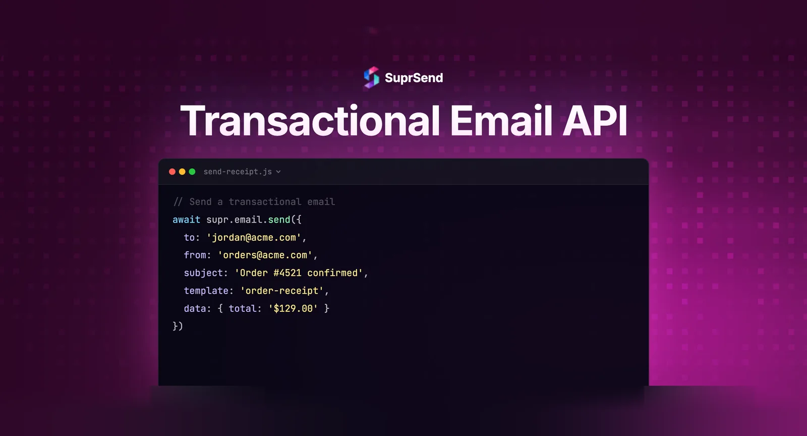 Developer code editor showing transactional email API integration with authentication headers and webhook configuration