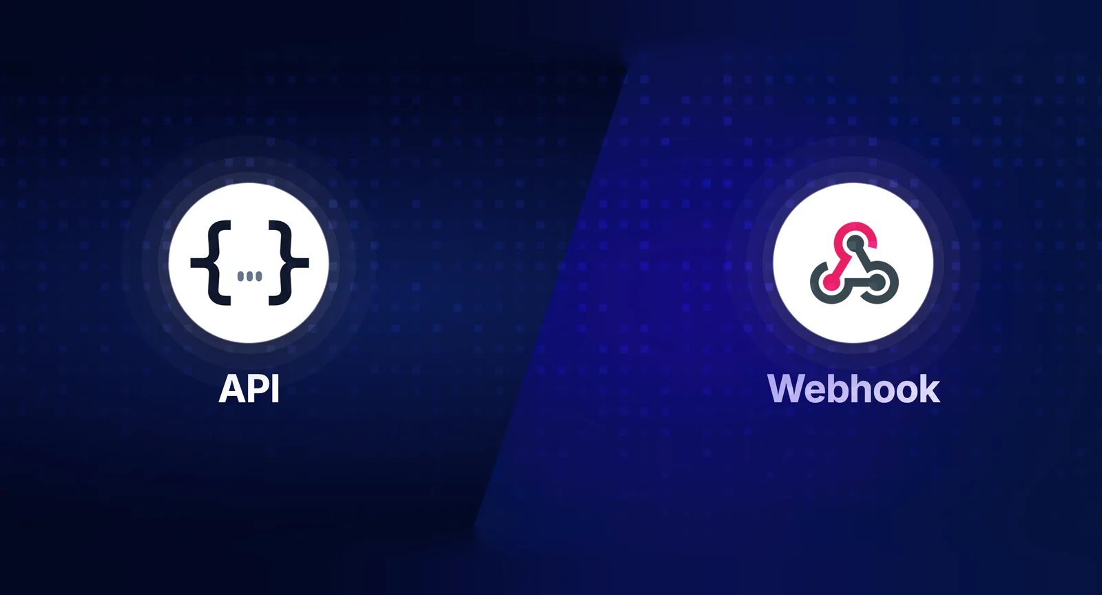 Diagram showing API request-response flow on the left and webhook event-driven push flow on the right with payloads
