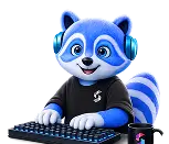 3D animated blue raccoon wearing headphones typing on a keyboard